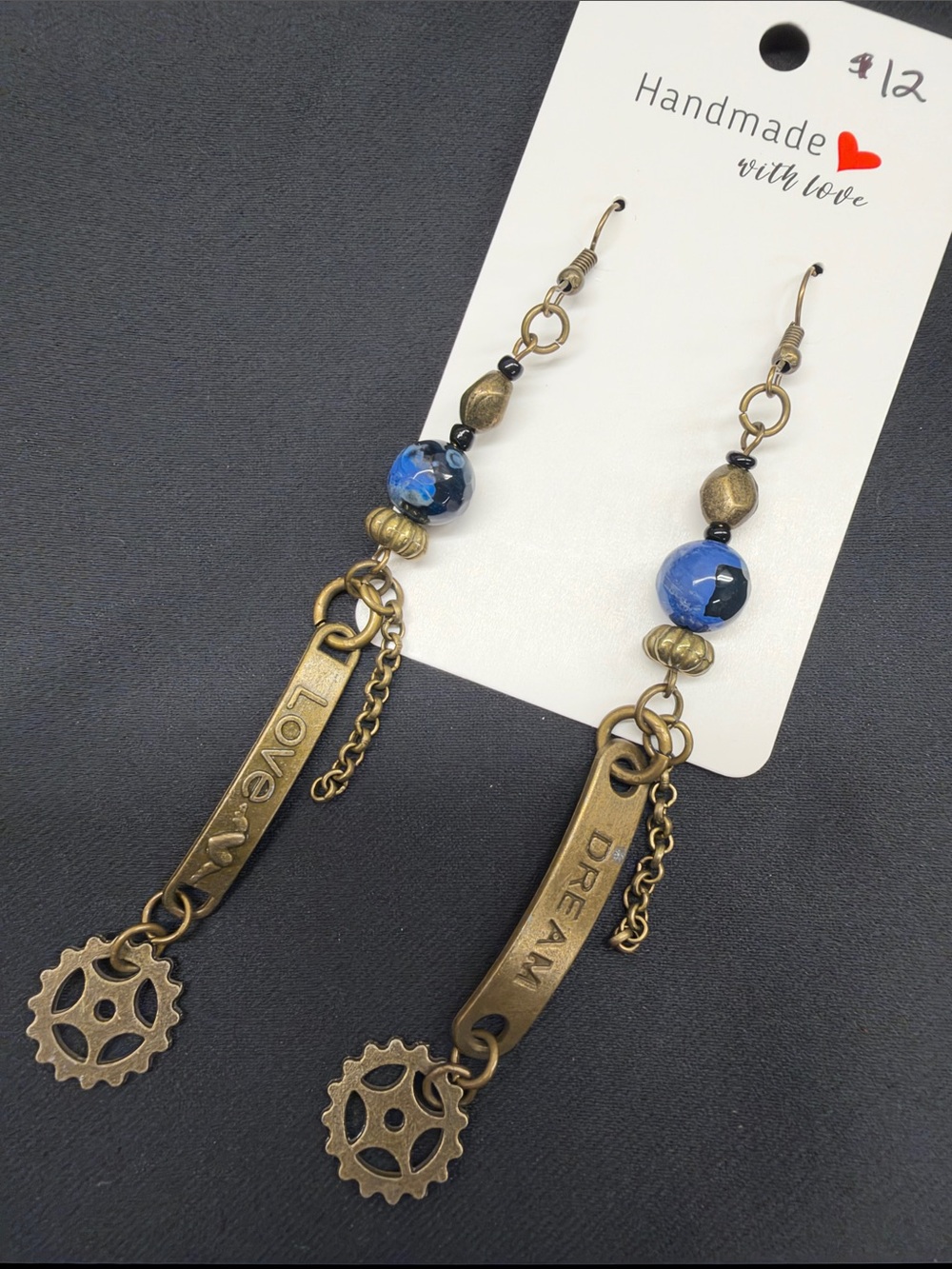 NEW Handmade Blue Glass & Antique Gold 'Love Dream' Dangle Earrings